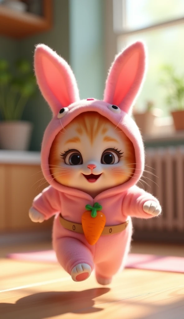 3D cute kitten character、Happy pink bunny costume、running、Inside the house、masterpiece, Background Blur, Carrot-decorated belt、Shut your mouth., 