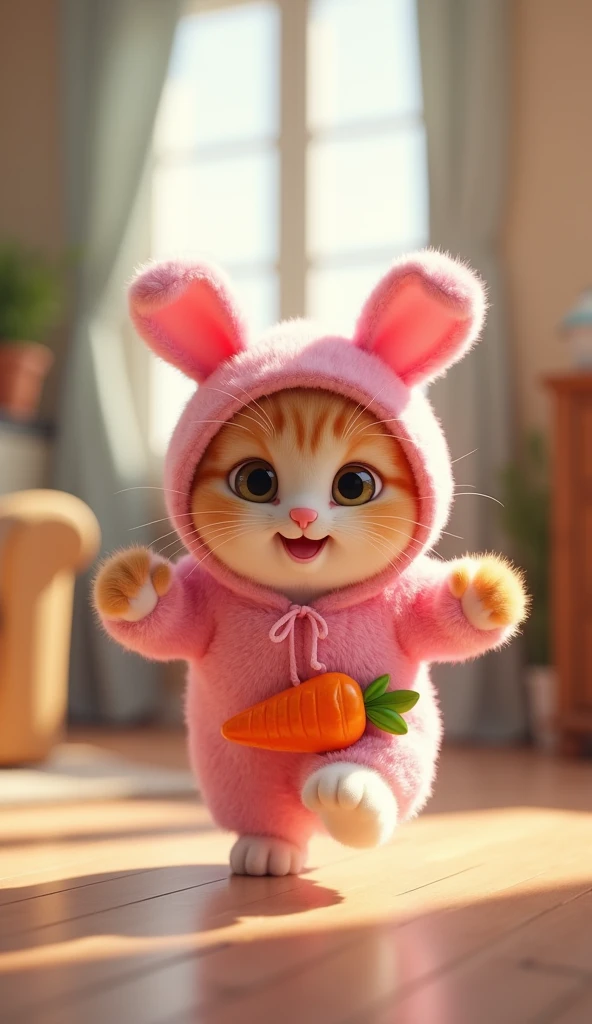 3D cute kitten character、Happy pink bunny costume、running、Inside the house、masterpiece, Background Blur, Carrot-decorated belt、Shut your mouth.,