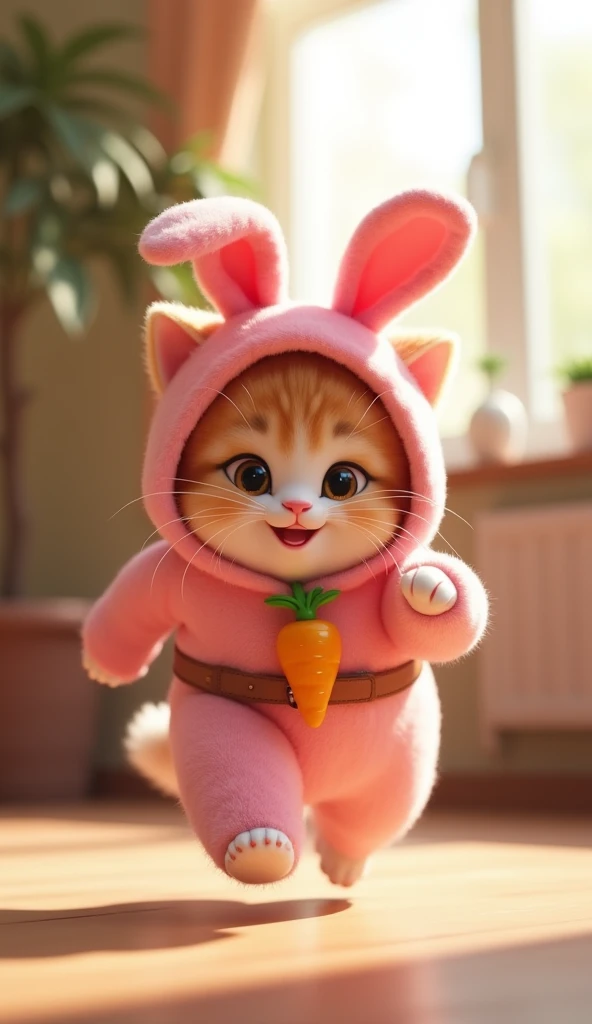 3D cute kitten character、Happy pink bunny costume、running、Inside the house、masterpiece, Background Blur, Carrot-decorated belt、Shut your mouth., 