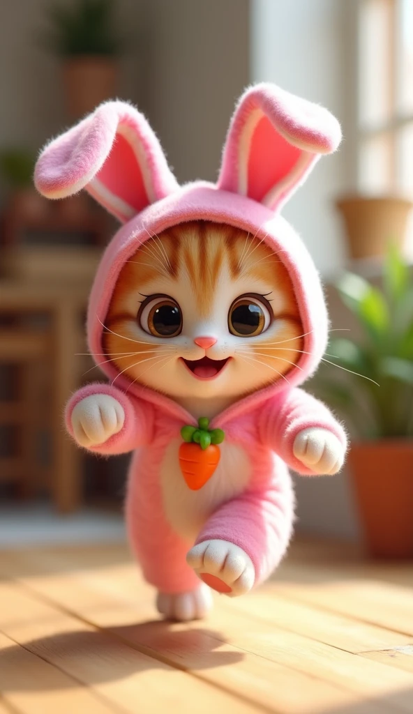 3D cute kitten character、Happy pink bunny costume、running、Inside the house、masterpiece, Background Blur, Carrot-decorated belt、Shut your mouth.,