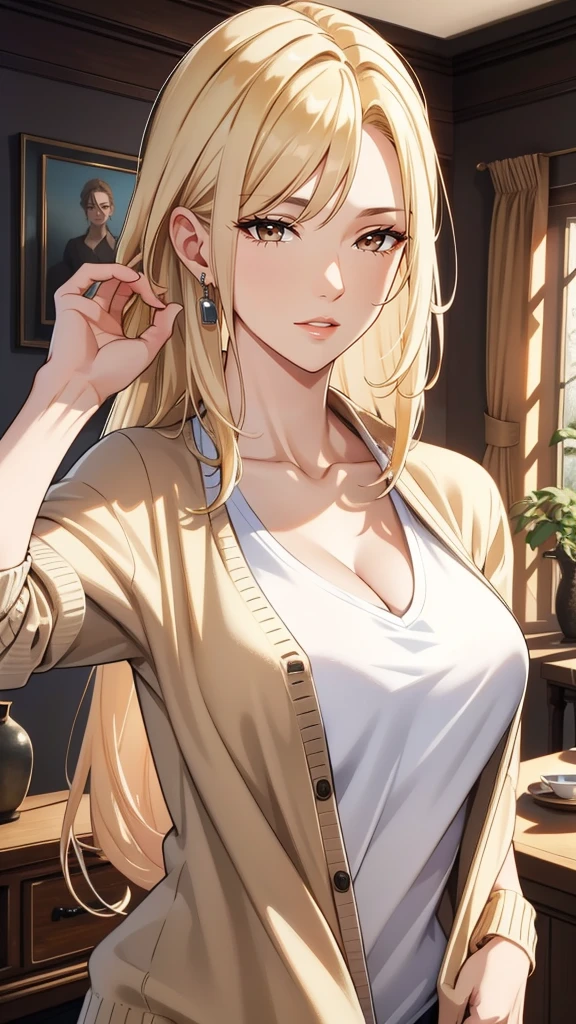 (best quality,4k,highres,masterpiece:1.2),ultra-detailed,cool adult woman,pale skin,elegant,long hair,bang,[[[brown hair]]],blonde hair,cardigan,t-shirt,cleave,brown eyes,inside house,detailed facial features,vibrant colors,portraits,HDR,soft lighting