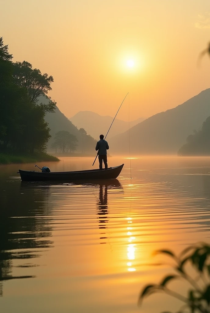 A professional photograph capturing the serene moment of a fisherman on a calm lake during sunset. The fisherman is standing in a small wooden boat, casting a line into the water. The scene is bathed in the warm golden light of the setting sun, reflecting off the water's surface. The surrounding landscape features lush green trees and distant mountains, creating a peaceful, natural backdrop. The photo is composed with a focus on the fisherman, the ripples in the water, and the soft glow of the sun, evoking a sense of tranquility and connection with nature.