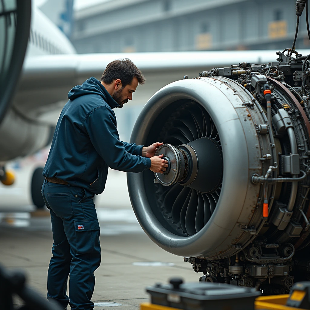 The engineer observed the plane's engine well and looked around