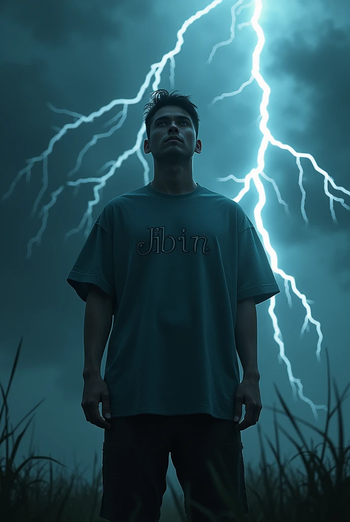 A man in the Thunder light. He is wearing a big t shirt Named JIBIN