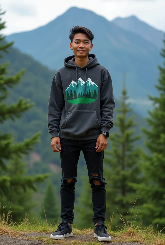 please make me a realistic photo of a 30-year-old Indonesia man wearing a dark gray hoodie ((with a green and blue mountain map graphic)), wearing black ripped jeans, wearing a black vans.wearing an iPhone smartwatch, standing outdoors against the background of green pine forest mountains.4K Full HD Resolution.