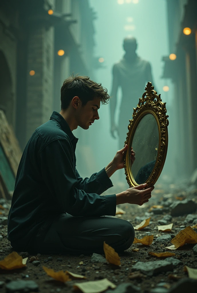 A young man kneeling in ruins, holding an ornate golden mirror. The mirror reflects his tearful face and a dark, ominous figure behind him. Surrounding him are floating yellowed papers and dense fog. In the background, a ruined cityscape with flickering lights. Faded memories projected in the air: a father figure, a female partner. In the corner, a futuristic AI device projecting a hologram. Dramatic lighting, ghostly glow on face and mirror. Photorealistic, cinematic, Silent Hill inspired.