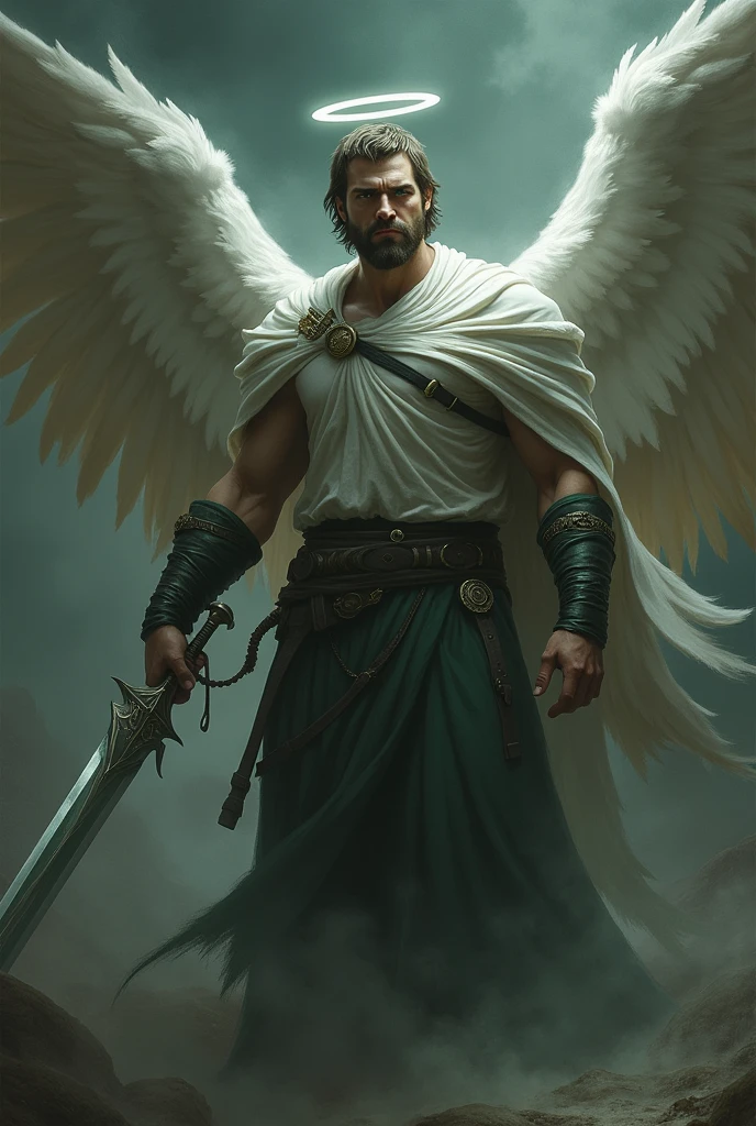 Wygeneruj złego anioła mającego w prawej ręce miecz.The man is tall,she has short brown hair,green eyes and delicate facial hair.He also has white wings and a halo..