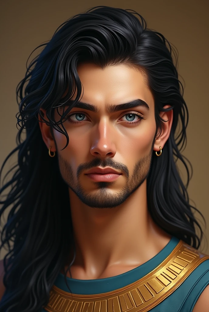 A handsome boy who stands into prisoner blue eyes, black long hair beautiful Beard,round healthy face ,white face , Egyptian dress