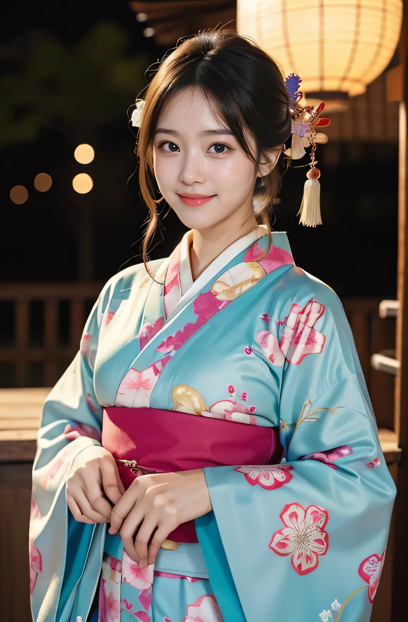 very cute girl, super cute face,clear attractive eyes, detailed Beautiful eyes,smiling, realistic photograph,gorgeous flamboyantly colored long sleeves kimono,
furisode ,very beautiful kimono,
Costume lighting