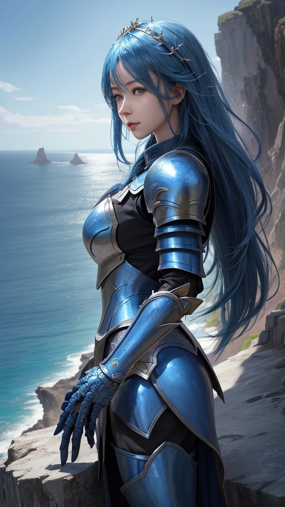 front_View, masterpiece, Highest quality, Realistic, RAW Photos, (One person, looking at Viewer), Beautiful long blue hair bathed in the sun, Machine's blue armor, Elaborate armor, Delicate blue work, Intricate workmanship, blue metal parts, Details, Dynamic pose, On a cliff on a precipitous cliff、By the Sea, Dynamic Lighting,A big dragon is looking at the sky