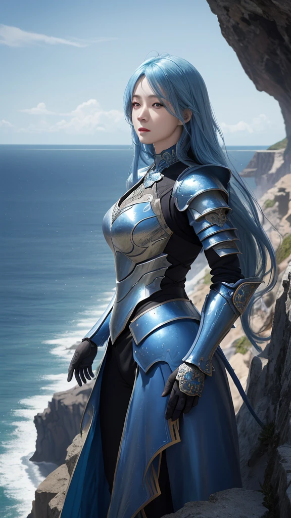 front_View, masterpiece, Highest quality, Realistic, RAW Photos, (One person, looking at Viewer), Beautiful long blue hair bathed in the sun, Machine's blue armor, Elaborate armor, Delicate blue work, Intricate workmanship, blue metal parts, Details, Dynamic pose, On a cliff on a precipitous cliff、By the Sea, Dynamic Lighting,A big dragon is looking at the sky