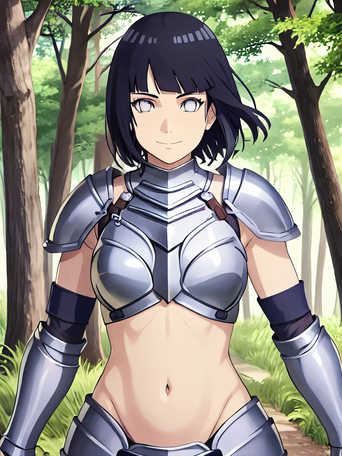 (hinata\(boruto\), (high quality:1.8), upper body:1.5, (curvy body:1.5), (ultra detailed body:1.4), (forest:1.7), (anime, tall woman, cowboy shot, ((arm curves:1.0), (defined biceps arms:1.0), (dark hair:1.8), (silver armor:1.8), ((bare arms, bare arms, bare shoulders)), (curved belly:1.2), (wide shoulders, off-shoulders), smile), (big breasts:1.1) ,(cleavage:0.8), closed mouth), ((pale skin)). ((dark blue:1.3, short hair, hime cut، loose hair), (windy:1.2)
