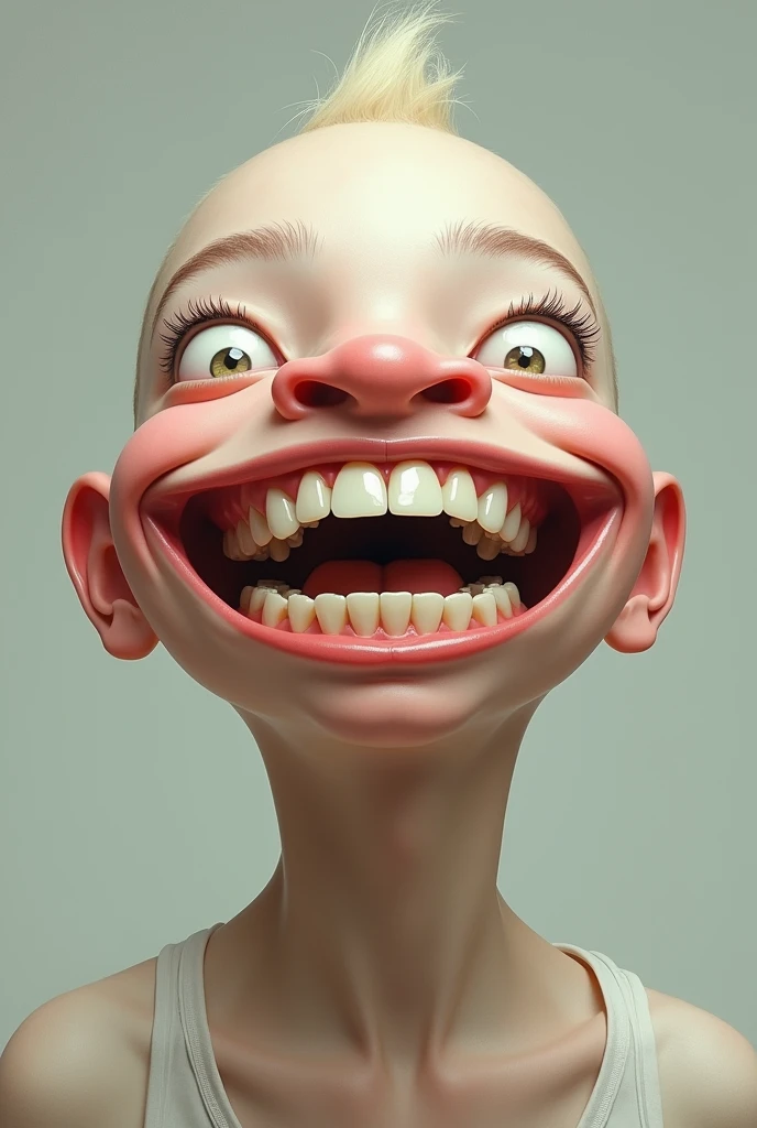 A young boy about 20 years old with light skin bald conical head and big teeth like horse smile with lips raised up and a conical face