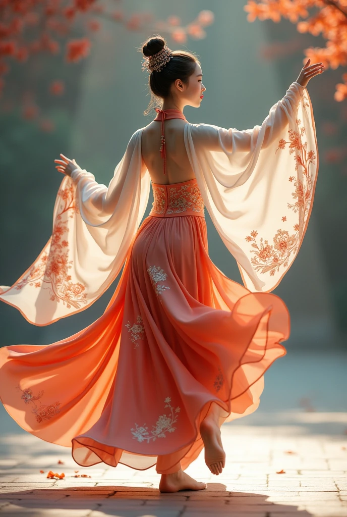 Hanfu dancing from back view,dont show the face and please cover the behind body .If possible make it looks like dancing raising up the leg too