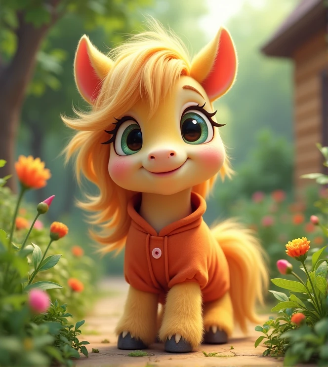 Imagine a lifelike pony with humorous exaggerated features, oversized, wearing cute clothes, bright eyes and curiosity, smiling, positive image, smiling pony, Disney style, capturing natural textures, and although its little claws are slightly larger, they are cuter. The background is a simple garden with an emphasis on natural colors and some greenery to create bright, fuzzy colors