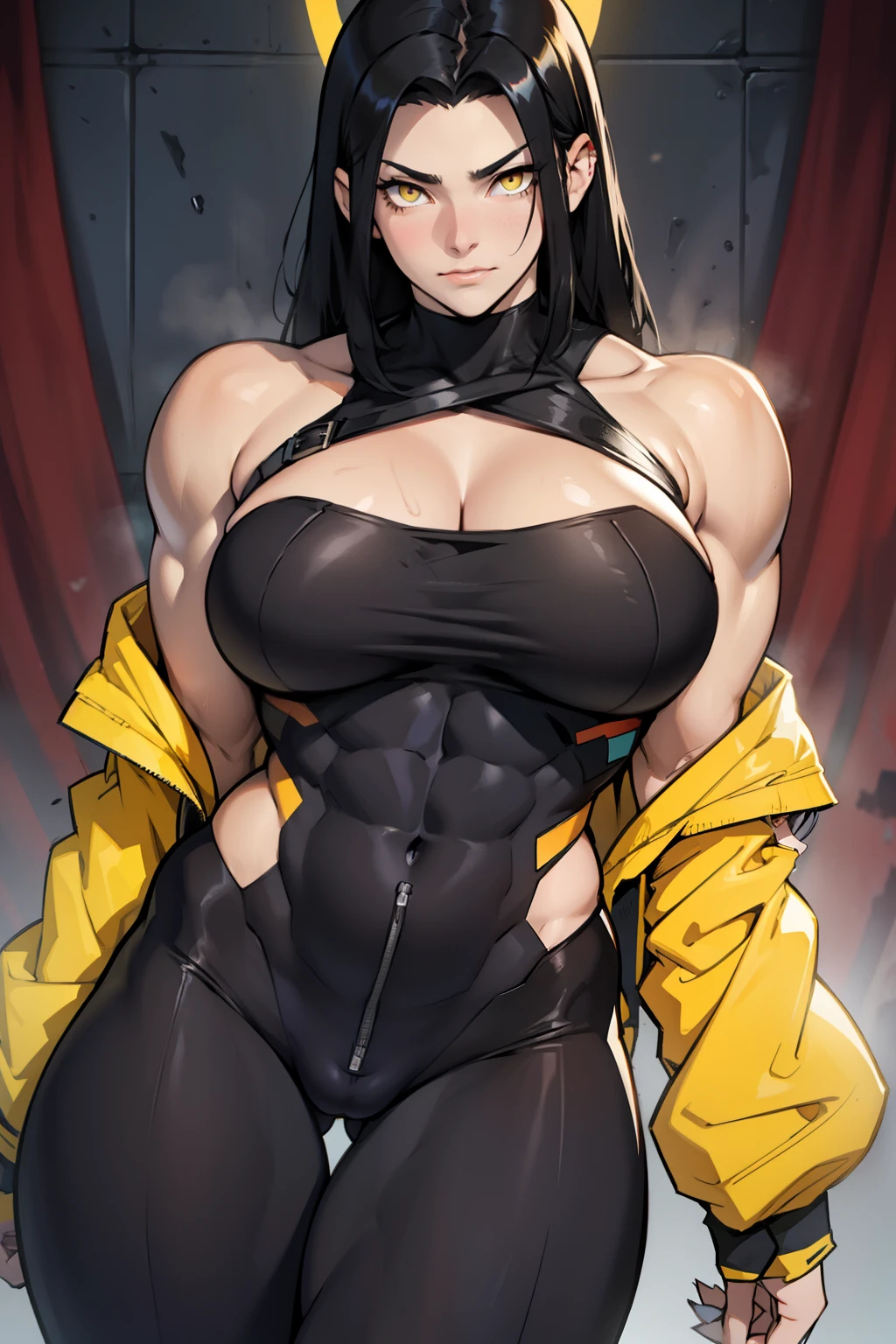 embarrassed perfect body girl massive breasts black hair yellow eyes pale skin huge muscles muscular girl