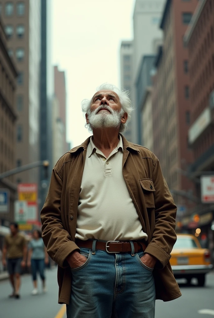old man wearing white Henley, brown cotton jacket and blue jeans in worker style with white beard looking to sky in downtown New York city from 1970