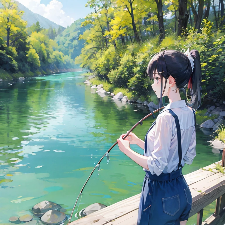 Riverbank、Women、ponytail、fishing