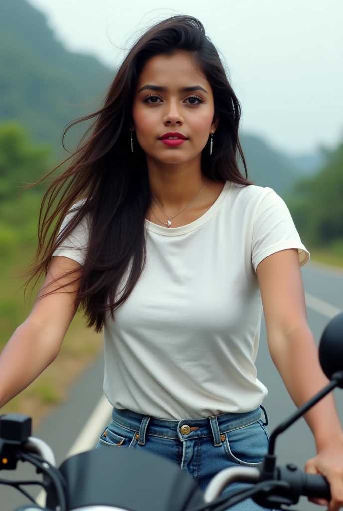 A 20 years old indian girl wearing white sleeveless t shirt and sitting on her bullet.