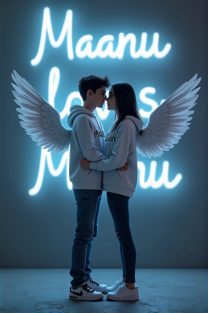 Create a 3D realistic illusion image a 20 year old boy and girl in a white hoodie and standing comfortably wearing sneakers and sunglass. the boy is kissing ” Maanu Loves Maanu” is written in white and blue neon lights in the romantic background, the background is dark gray and is shaded in a the background. “Manish ” is written on the boy’s hoodie and “Mahi” is written on the girl’s hoodie And he has wings which makes she look like an angel