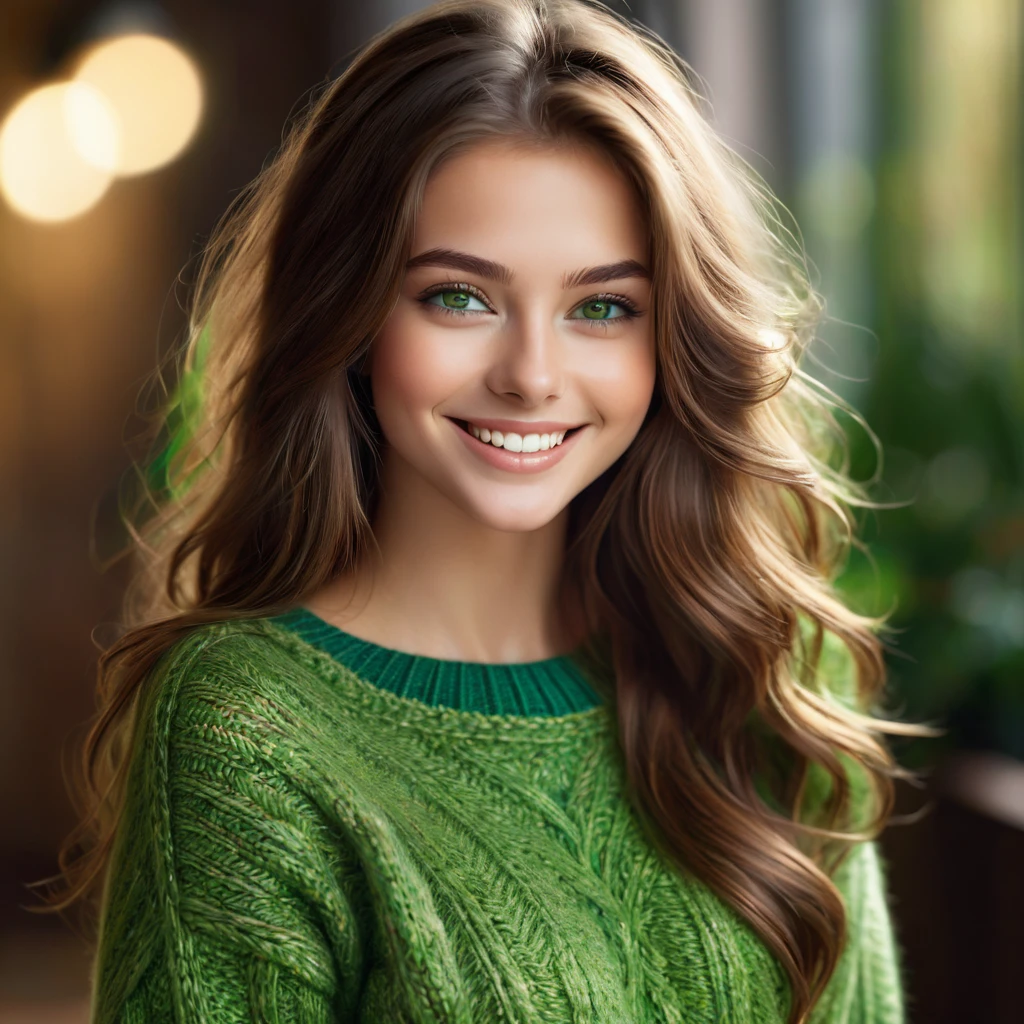 A stunning masterpiece of a high-res portrait of a beautifully detailed girl with long, shiny brown hair and mesmerizing green eyes, wearing a cozy sweater and flashing a gorgeous smile that accentuates her small yet perfectly-formed ???????.