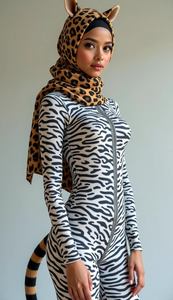 the beautiful,slender thin and prettiest Asian and Malaysian muslimah adult girl with beautiful cheeks wears white tiger print lycra turtleneck unitard catsuit covered with seamless spots and always wear white tiger print lycra elastane stretchy dance wear hijab covered with seamless spots.She has beautiful lips