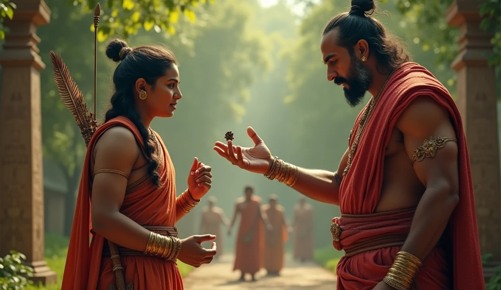 Ekalavya offering his severed thumb to Dronacharya, holding it out in his left hand, with unwavering respect.**