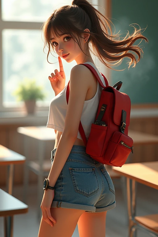 ((best quality)), ((masterpiece)), (detailed), {{}},{{{{172cm}}}},{{{{{tall girl}}}}},{{{very long legs}}}, 
official style,close mouth,game cg, bare arms, long hair,brown eyes,brown hair,ponytail,medium breasts, navel,backpack,red randoseru,classroom,denim shorts,upper body,finger to mouth,best quality, amazing quality, very aesthetic, absurdres,dynamic pose,wind,Dutch angle,light on face,watercolor,{{{real CG photography texture}}},oily skin,real body,realistic skin texture,detailed background,depth of field,[[laughing eyes],[[Dutch angle]],looking at viewer,jitome,[[upper body]],winter,lens flare,steam,bokeh, best quality, amazing quality, very aesthetic, absurdres, best quality, amazing quality, very aesthetic, absurdres, best quality, amazing quality, very aesthetic, absurdres