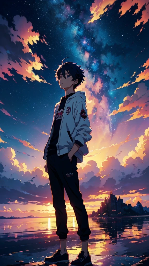 anime boy standing on the edge of a lake, looking up at the sky, cosmic skies. by makoto shinkai, makoto shinkai cyril rolando, beautiful anime artwork, anime art wallpaper 8 k, anime atmospheric, anime art wallpaper 4 k, anime art wallpaper 4k, anime sky, beautiful anime art, beautiful anime art style, ultra hd anime wallpaper, anime wallpaper 4 k, anime wallpaper 4k, anime boy with cosmic hair, anime hd wallpaper, anime wallaper, anime epic artwork, 4k anime wallpaper, hd anime wallpaper, colorful anime movie background