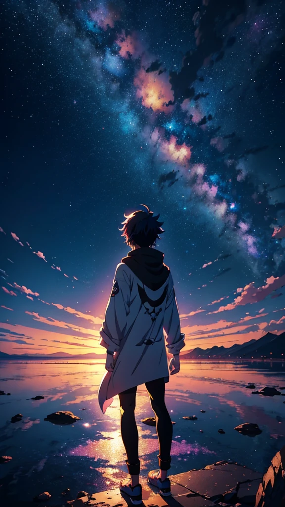 anime boy standing on the edge of a lake, looking up at the sky, cosmic skies. by makoto shinkai, makoto shinkai cyril rolando, beautiful anime artwork, anime art wallpaper 8 k, anime atmospheric, anime art wallpaper 4 k, anime art wallpaper 4k, anime sky, beautiful anime art, beautiful anime art style, ultra hd anime wallpaper, anime wallpaper 4 k, anime wallpaper 4k, anime boy with cosmic hair, anime hd wallpaper, anime wallaper, anime epic artwork, 4k anime wallpaper, hd anime wallpaper, colorful anime movie background