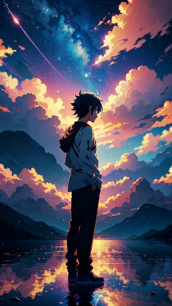 anime boy standing on the edge of a lake, looking up at the sky, cosmic skies. by makoto shinkai, makoto shinkai cyril rolando, beautiful anime artwork, anime art wallpaper 8 k, anime atmospheric, anime art wallpaper 4 k, anime art wallpaper 4k, anime sky, beautiful anime art, beautiful anime art style, ultra hd anime wallpaper, anime wallpaper 4 k, anime wallpaper 4k, anime boy with cosmic hair, anime hd wallpaper, anime wallaper, anime epic artwork, 4k anime wallpaper, hd anime wallpaper, colorful anime movie background