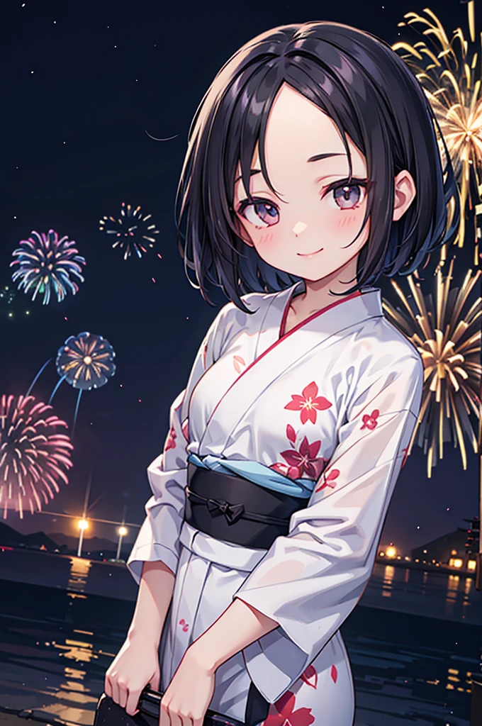 Black Hair ,short hair ,forehead,forehead,small breasts,Smile,yukata,night,firework,arms behind back