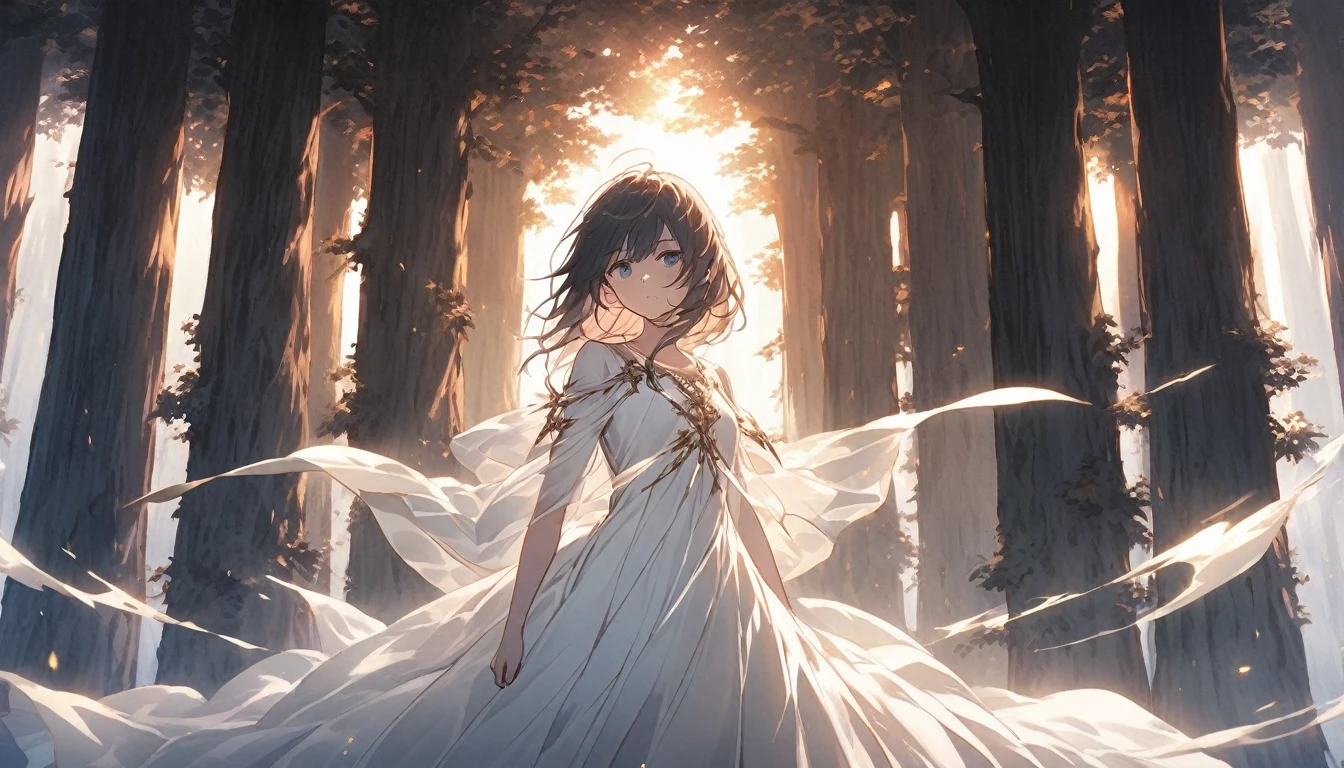 An anime girl standing alone in a dimly lit forest at dawn, with the first light of morning filtering through the ancietn temple. She has a determined expression on her face, symbolizing her resolve to break free from the deceit and lies. The forest is shrouded in mist, with shadows receding as the light breaks through, symbolizing the unveiling of truth. Around her, the remnants of a fantasy world are fading away, represented by ethereal, fading illusions. The background features tall trees and a narrow path leading forward, symbolizing her journey towards new beginnings. The atmosphere is filled with a sense of liberation and empowerment, with soft, natural lighting enhancing her resolve and the emotional transition from darkness to hope.