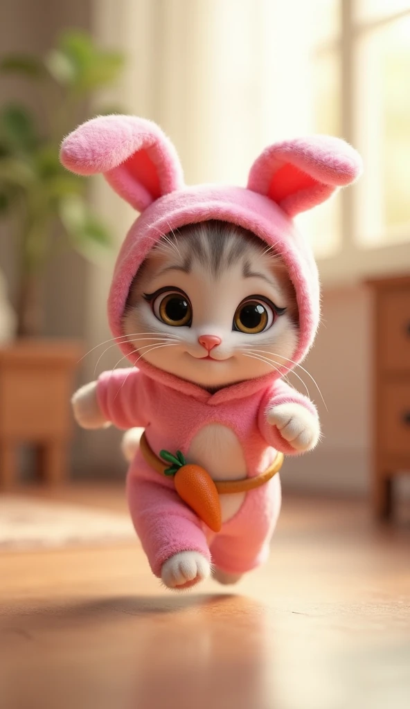 3D cute kitten character、Pink bunny costume、running、Inside the house、masterpiece, Background Blur, Carrot-decorated belt、Shut your mouth.,