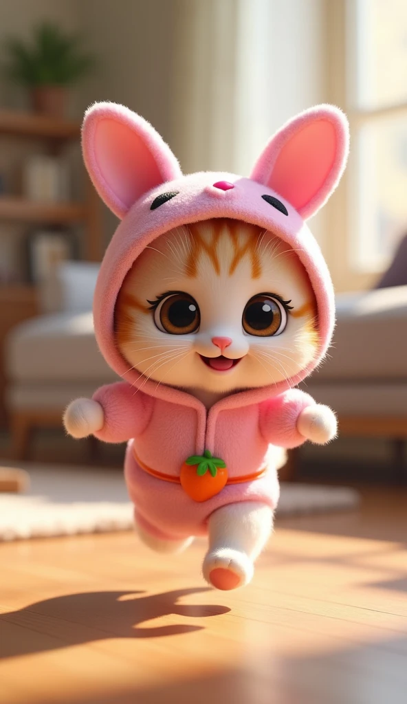 3D cute kitten character、Pink bunny costume、running、Inside the house、masterpiece, Background Blur, Carrot-decorated belt、Shut your mouth.,