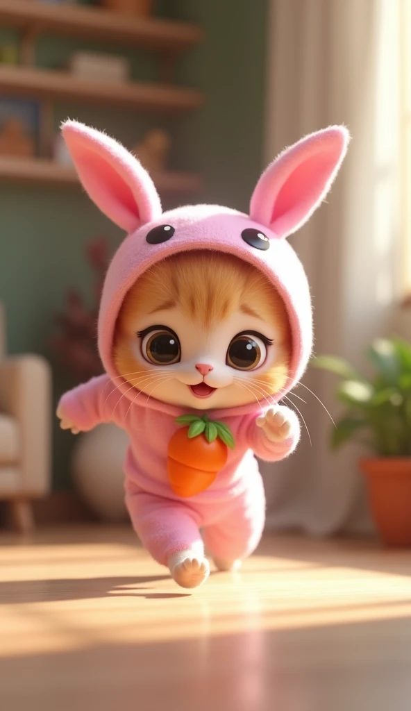 3D cute kitten character、Pink bunny costume、running、Inside the house、masterpiece, Background Blur, Carrot-decorated belt、Shut your mouth.,