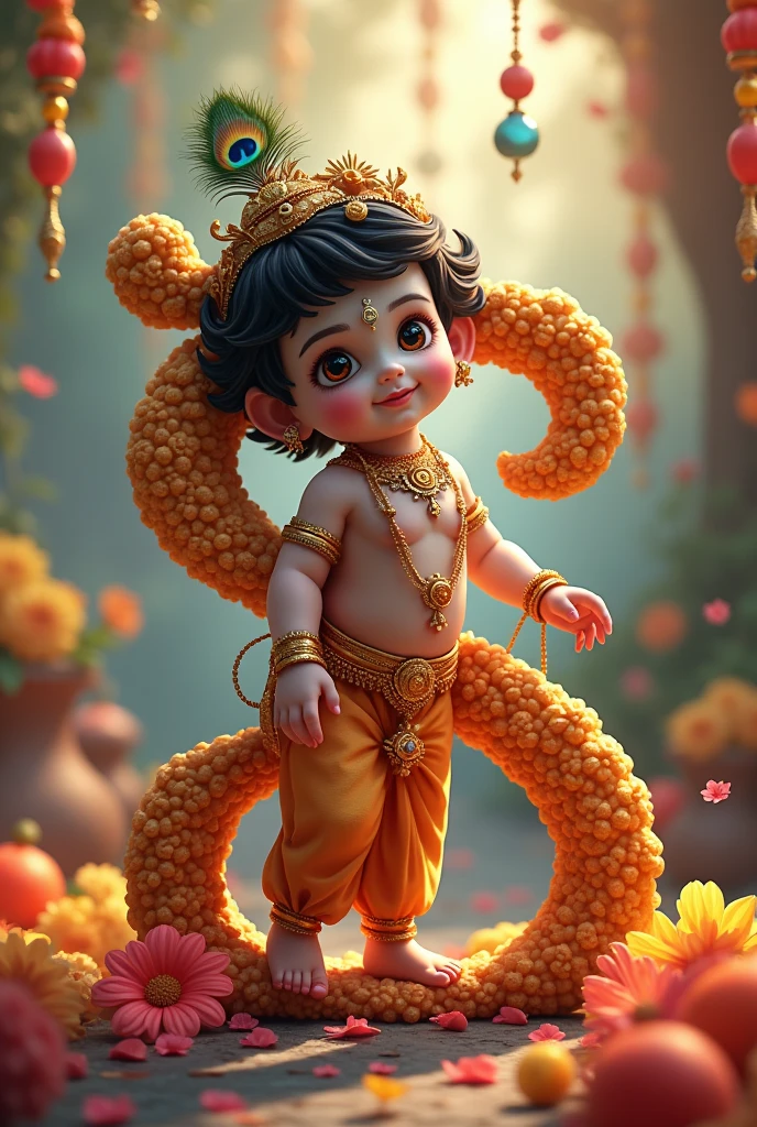 Generate an image , In which baby lord Krishna stand beside letter S and take support of letter S on occasion of Janmashtami