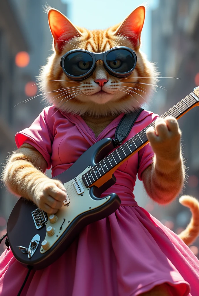 Angry Cat wearing pink dress with grey goggles and playing guitar rigorously