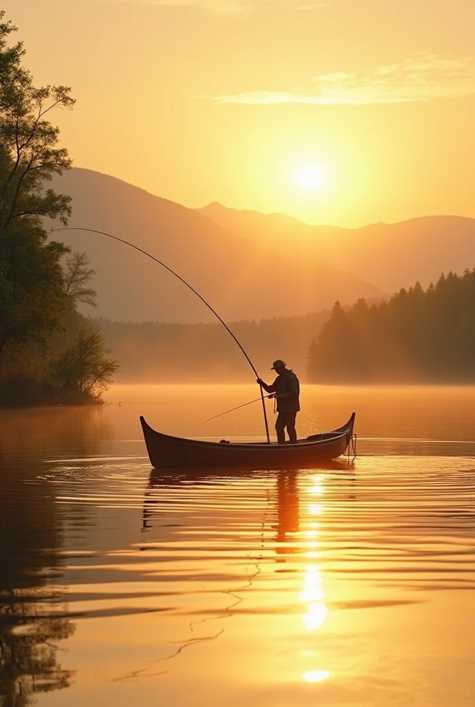 A professional photograph capturing the serene moment of a fisherman on a calm lake during sunset. The fisherman is standing in a small wooden boat, casting a line into the water. The scene is bathed in the warm golden light of the setting sun, reflecting off the water's surface. The surrounding landscape features lush green trees and distant mountains, creating a peaceful, natural backdrop. The photo is composed with a focus on the fisherman, the ripples in the water, and the soft glow of the sun, evoking a sense of tranquility and connection with nature.