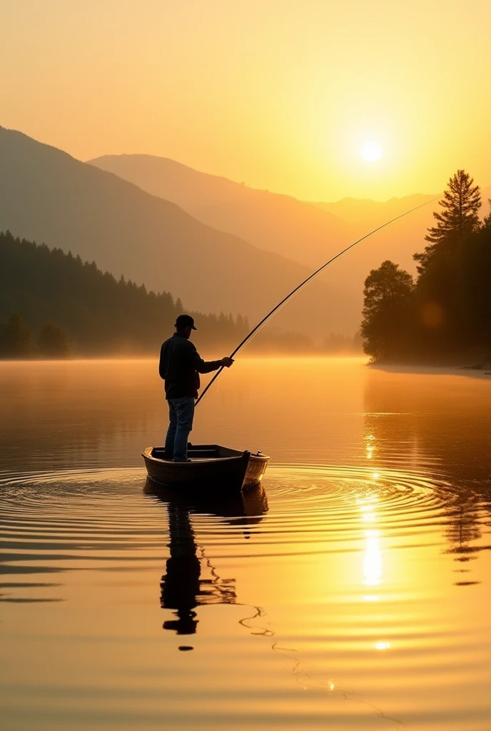 A professional photograph capturing the serene moment of a fisherman on a calm lake during sunset. The fisherman is standing in a small wooden boat, casting a line into the water. The scene is bathed in the warm golden light of the setting sun, reflecting off the water's surface. The surrounding landscape features lush green trees and distant mountains, creating a peaceful, natural backdrop. The photo is composed with a focus on the fisherman, the ripples in the water, and the soft glow of the sun, evoking a sense of tranquility and connection with nature.