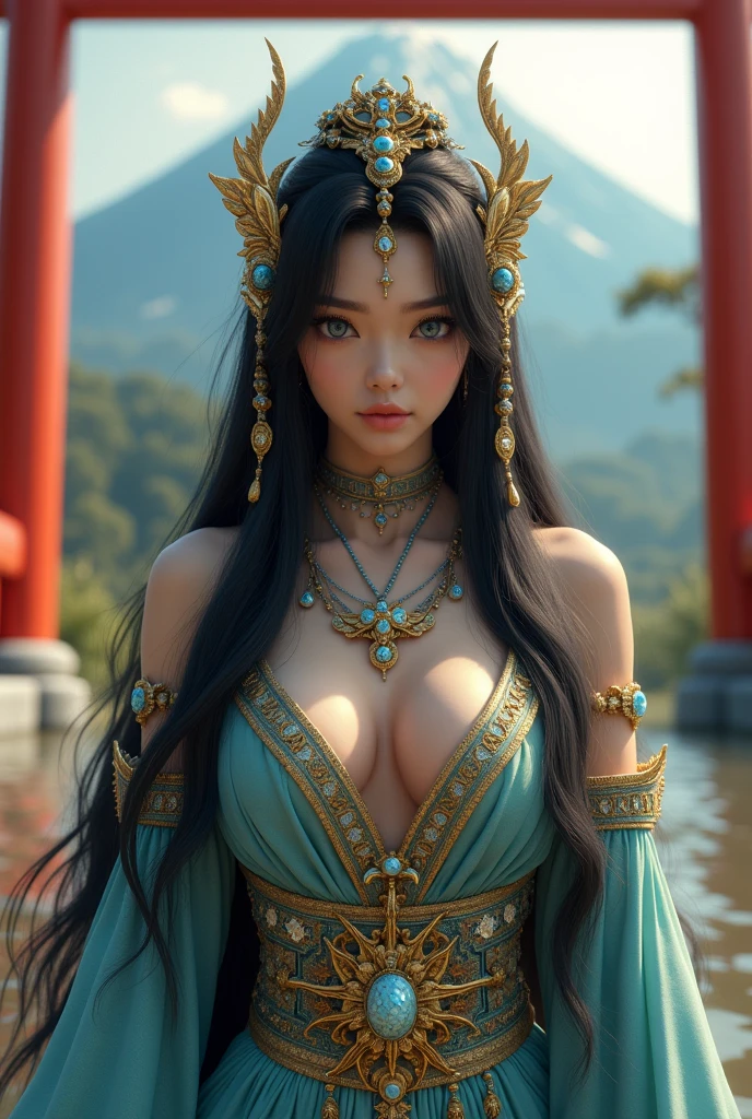 Large Breasts、Highest quality、masterpiece、Ultra-high resolution、Shrine maiden、(((Huge tits))),With golden feathers、(((詳しい神Mr..'clothing))),(Beautiful sacred objects made from precious stones々々),(Realistic:1.4)、RAW Photos、1 person、(((Random Hair))、(((Mr..々Pause)))、Beautiful black hair、Glowing Skin、(((Arctic fox)))、Exquisite and luxurious hair ornaments、Large Breasts、goddess、beauty、(Mystical Expressions)、(Full body angle)、(nine tailed fox)、(Japanese Shrines)(((Mysterious mountain))),、(torii)、((Ultra-Realistic Details))、Portraiture、Global Illumination、(Sexy Pause)、Shadow、Octane Rendering、(One-eyed scouter)、8k、Ultra Sharp、Huge 、Bare skin exPaused in the cleavage、Metal、Intricate decorative details、Learn more about Japan、Very intricate details、Realistic Light、CGSoation Trend、blue eyes、Shining Eyes、To the camera、straight、(Full body angle)、(Veil)、