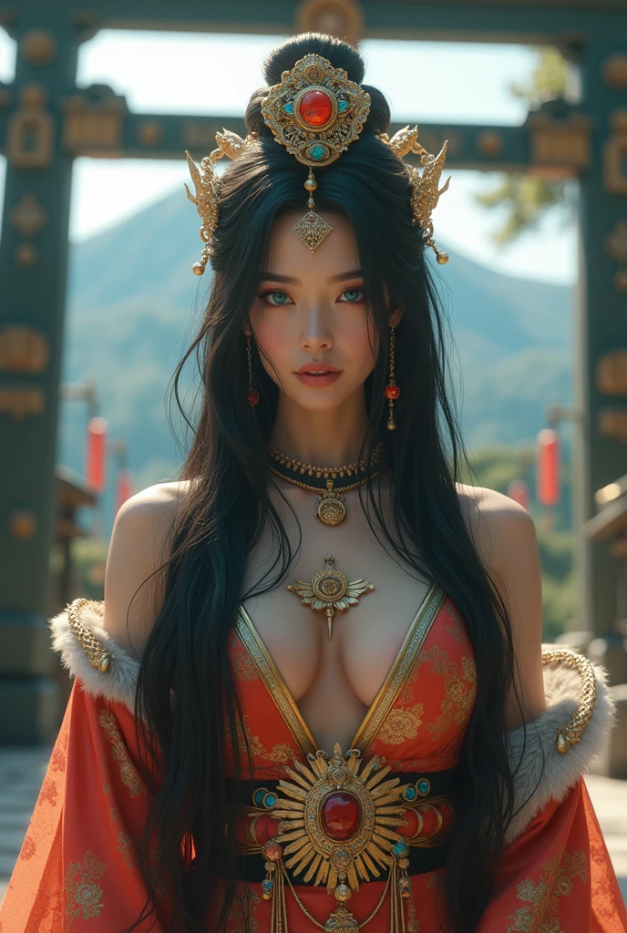 Large Breasts、Highest quality、masterpiece、Ultra-high resolution、Shrine maiden、(((Huge tits))),With golden feathers、(((詳しい神Mr..'clothing))),(Beautiful sacred objects made from precious stones々々),(Realistic:1.4)、RAW Photos、1 person、(((Random Hair))、(((Mr..々Pause)))、Beautiful black hair、Glowing Skin、(((Arctic fox)))、Exquisite and luxurious hair ornaments、Large Breasts、goddess、beauty、(Mystical Expressions)、(Full body angle)、(nine tailed fox)、(Japanese Shrines)(((Mysterious mountain))),、(torii)、((Ultra-Realistic Details))、Portraiture、Global Illumination、(Sexy Pause)、Shadow、Octane Rendering、(One-eyed scouter)、8k、Ultra Sharp、Huge 、Bare skin exPaused in the cleavage、Metal、Intricate decorative details、Learn more about Japan、Very intricate details、Realistic Light、CGSoation Trend、blue eyes、Shining Eyes、To the camera、straight、(Full body angle)、(Veil)、