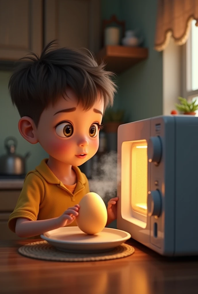 A boy boiling a egg in microwave
