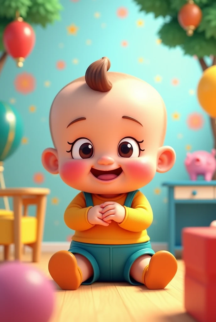 A 16:9 ratio thumbnail for Kiddo Corner channel which should content cartoonish baby playing and some kids element to look attractive and funny
