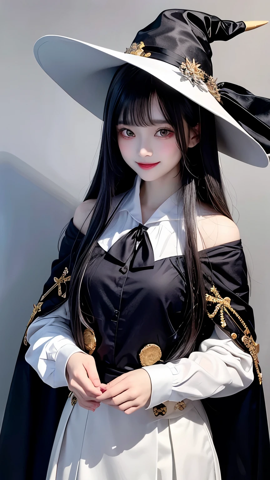 oung Girls,Humanity,A magician always smiles,big witch hat,cute,dark blue long hair,The eyes are dull,The bangs are heavy,Thin eyebrows,fantasy,intake,Double teeth,Star Theme,Constellation pattern,Solid color clothetal decoration,cloak,A bit of a dark atmosphere,A little crazy smile,When the big moon shines outside at night,blood,Hair black star embellishment,Short tie,No nails,High waist skirt,Bell sleeves,Long-sleeved shirt,Black tie,low risk,gentlemen。Mist、Yellow and white effect，Shocking pink as an accent color