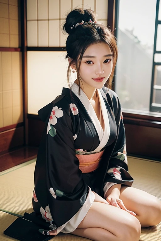 (22 year old Japanese beautiful girl,), (Small perfect breasts,:1.5,),(solo,Textured skin, Detailed skin,Detailed face,Detailed eyes,detailed posing,Natural eyebrows,High detail, Highest quality, Super detailed, Surrealism, ,8k,RAW Photos,Photographicism,Professional Lighting,Ray Tracing,Aperture F1.2,Portrait Photography,Natural Light),(((Black Hair, Natural Makeup,Simple earrings,Bun Hair, accessories, A seductive smile, ))),(((kimono,Long-sleeved kimono,National treasure-level kimono,Japanese-style room,Round Shoji Window,sitting,Full Body Shot)))