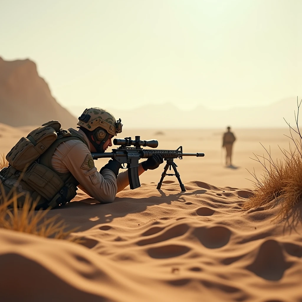 Soldado americano, Enzo (((detalhes ultra realista))), com uma sniper na mao, iluminacaao global, sombras, octano render, 4k, ultra nitido.