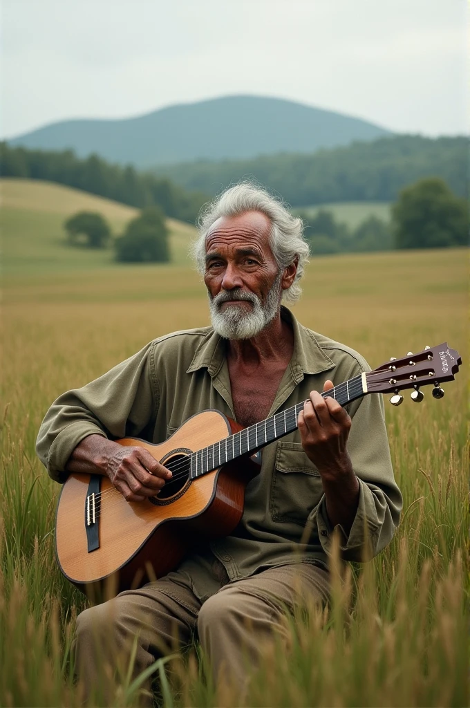70-year-old man in a field with a Creole guitar