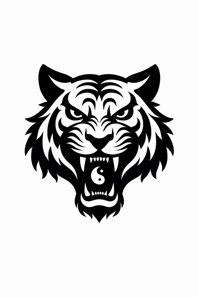 Black and white tiger head logo biting a yin yang that fits perfectly in its tiger mouth. And the image of two krambits crossing on the two sides of the tiger's head.. Image with plain white background