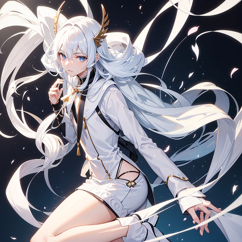 A young man in his twenties,Overall white clothing,Looks thin,Like an ancient immortal,Black long hair。